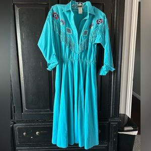 Vintage 80s Western Collection Blue Maxi Dress M L 8-12